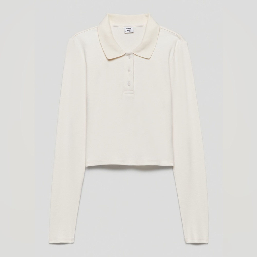 Sunday Best White Long Sleeve Cropped Polo Collared Top